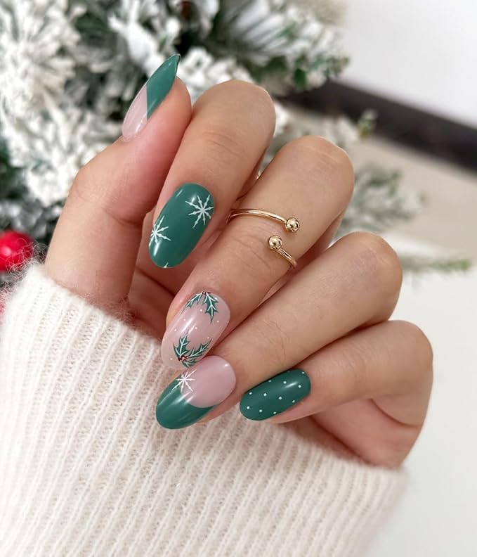 Semi Cured Gel Nail Strips (Holly Leaf N02), Christmas Green, 20 Pcs Gel Nail Wraps, Stickers, Snowflake, Wheat Ear, Works with Any UV Lamps