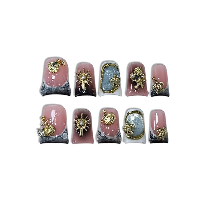 Duckbill Press on Nails - Black Gray Cat Eye Ocean Metal Design Glue on Nails for Women| 10PCS Glitter False Nail with 3D Charms Designs | Gothic Y2K Style for Daily Party Wear,Duck Nails(M)