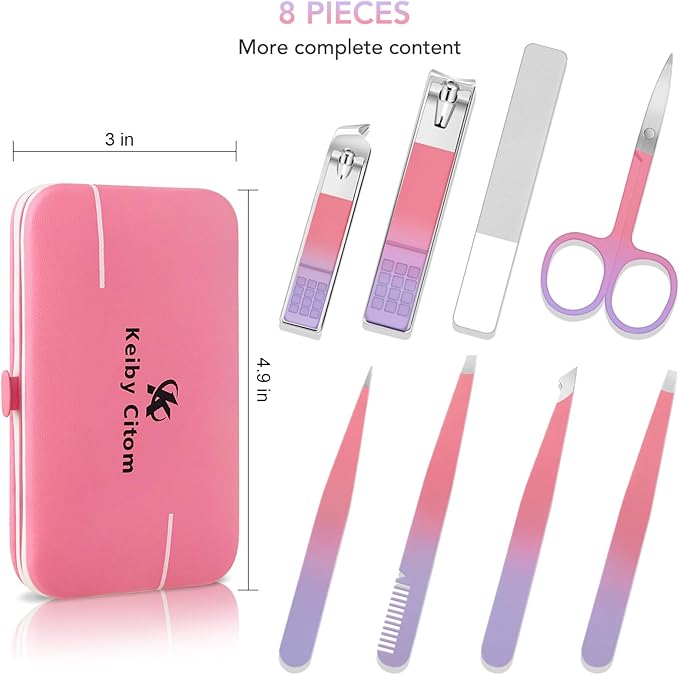 Tweezers Set for Facial Hair Removal Women, 8Pcs Precision Eyebrow Tweezers Nail Clipper Set Eyebrow Plucker Men for Ingrown Hair Removal (Pink)