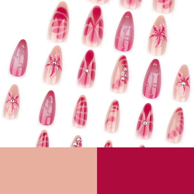Press on Nails Medium Almond Fake Nails Ombre Red with 3D Flower Design Glossy Full Cover Stcik on False Nails for Women Manicure 24Pcs