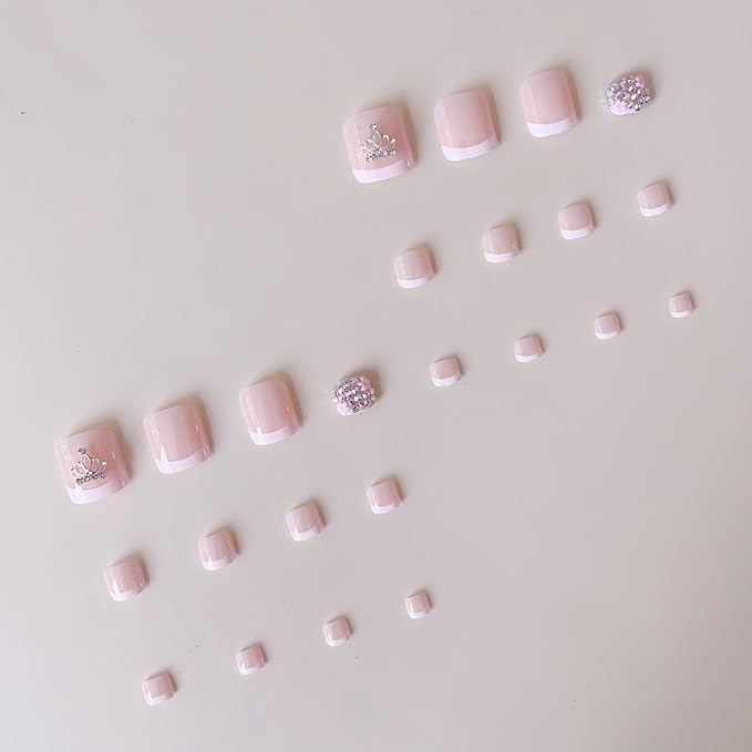 White French Tip Press On Toenails Short Square Fake Toes with 3D Crown Design Flower Rhinestone Glue on Toe Nails Shiny Bling Summer False Toenails Reusable for Women Girls Foot Manicure 24pcs