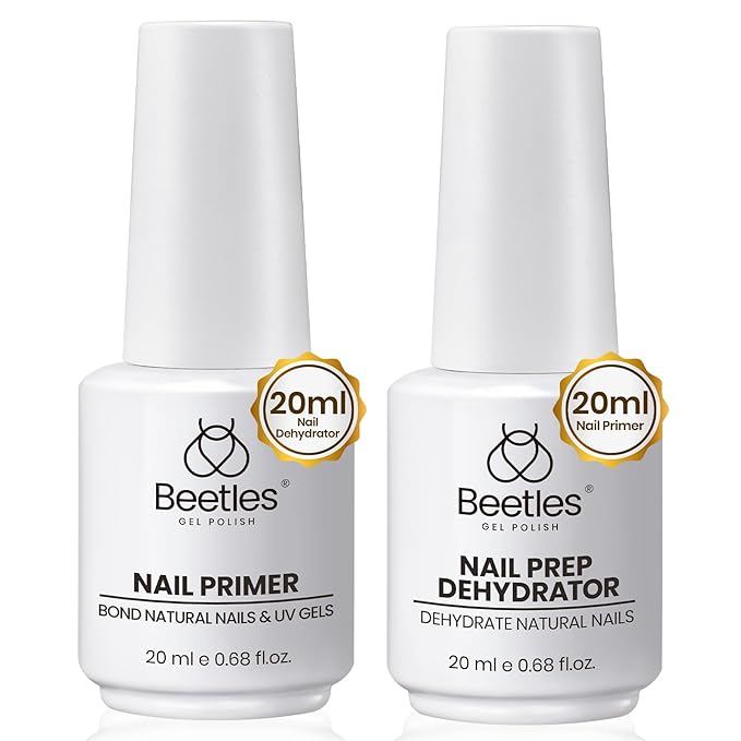 Beetles Nail Dehydrator and Primer, 20ml Large Capacity Acid Free Natural Nail Prep Dehydrate and Primer for UV Gels Superior Bonding Professional Salons Set