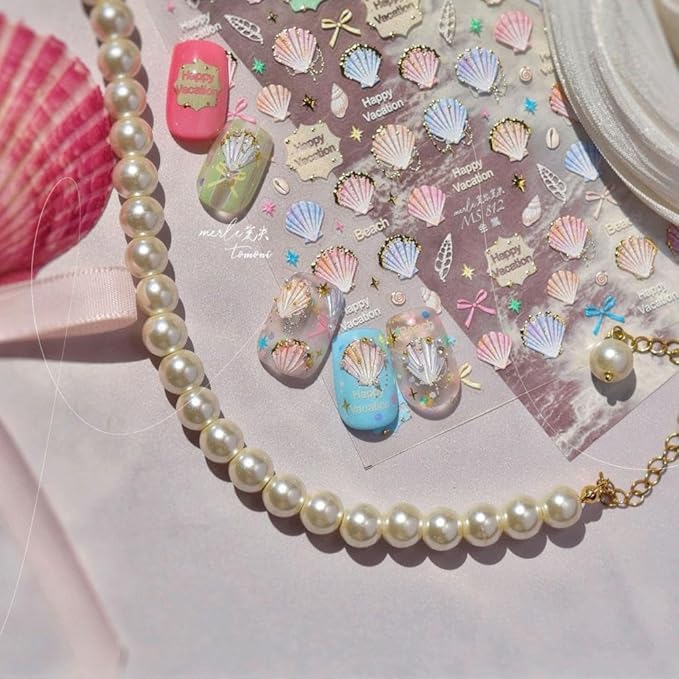 Aurora Pearl Seashell Nail Stickers Colorful Bow Nail Designs 3D Self-Adhesive Conch Nail Decals 5D Embossed Ocean Nail Art Stickers Summer Sticker Manicure Accessories for Women DIY Nails 1 Sheet