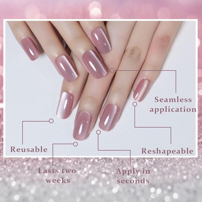 Mauve Pink Cat Eye Press on Nails Medium Square, Medium Square Press Stick on Nails Chrome for Women Gift, Mauve Holographic Glitter Glossy Reusable Gel Acrylic Fake Nail with Designs Cateye Effect