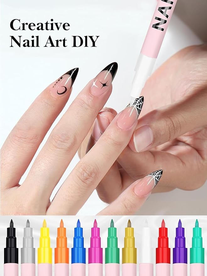 EBANKU 12 Color Nail Art Pens Set 3D 0.7MM Graffiti Acrylic Paint Nail Art Quick-Drying Nail Point Graffiti Dotting Liner Pen Sets for Home