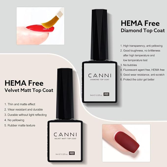 CANNI 6Pcs 9ml Hema-Free Nail Dehydrator Primer, Base Coat Reinforce Diamond Gel Top Coat and Matte Top Coat Gel Nail Polish Set, Soak Off LED Nail Gel Polish Set Nail Art Starter Manicure Salon