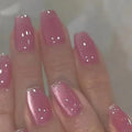 Hkanlre Coffin Press on Nails Pink Fake Nails Tips Full Cover Almond False Medium Cat Eyes Nails for Women 24PCS