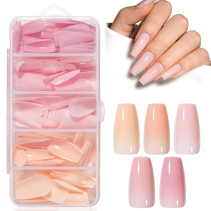 AILLSA RealFit Nude Pink Press On Nails Medium Coffin - Long Lasting Pre-Shaped Natural False Nails, Fake Nails Extensions for Salon Home DIY Gifts 140 PCS