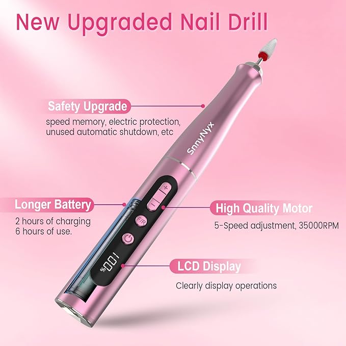Electric Nail Drill Professional, 35000RPM Cordless Acrylic Nail Kit for Nail Polish Remover, Nail Filer Electric Manicure and Pedicure kit (Rose Pink)