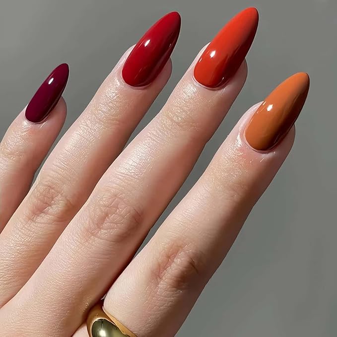 24 Pcs Press on Nails Short Almond Wine Red Gradually Changes Fake Nails Full Cover Opaque Reusable Acrylic Glue on Nails Removable Stick on Nails 12 Size Kit for Women Girls
