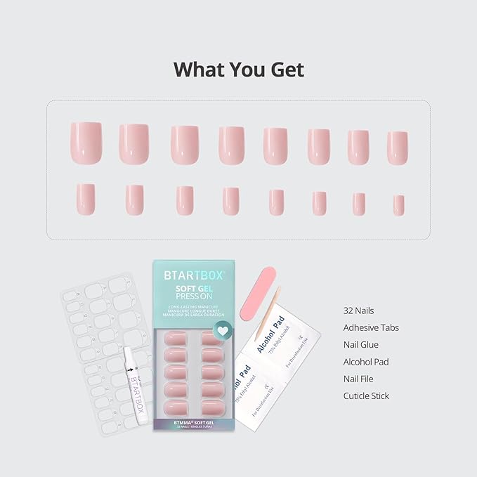 BTArtbox Press On Nails Square - Pastel Pink Short Press On Nails with Glue for Women, Opaque Soft Gel Glue On Nails in 16 Sizes - 32 Stick On Nails Kit, Metro Mocha