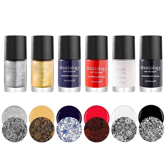 Maniology Essentials Primary Stamping Polish Set | 6-Piece Basic Nail Art Colors Collection (Silver, Gold, Dark Blue, Red, White, Black) – 13ml Bottles for Creative Nail Art Designs & DIY Manicures