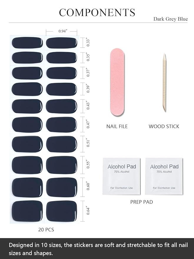 Semi Cured Gel Nail Strips (Dark Grey Blue), 20 Pcs Gel Nail Wraps, Stickers, UV Light Required, Salon Quality, Long Lasting