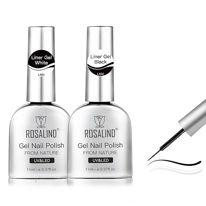 ROSALIND Gel Liner Polish Nail Art Set- 2pcs 11ml Black and White Gel Liner Nail Polish for French Tips Swirl Nails Built Thin Nails Art Brush UV Soak off Gifts for Women