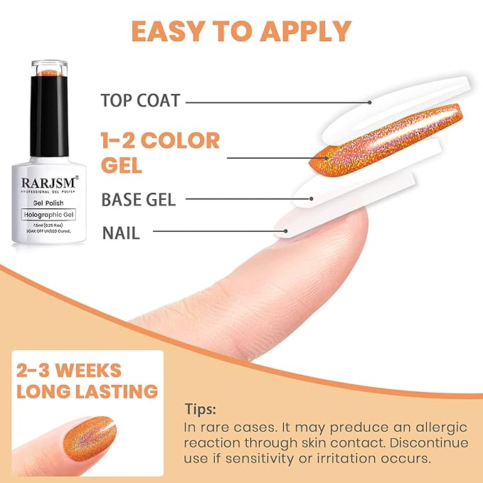RARJSM Holographic Gel Nail Polish Set, Sunflower Collection Orange Yellow Gel Polish Summer Nail Colors 6PCS 7.5ML Soak Off UV LED Unicorn Mirror Laser Effect Nail GelPolish for Salon Home Manicure
