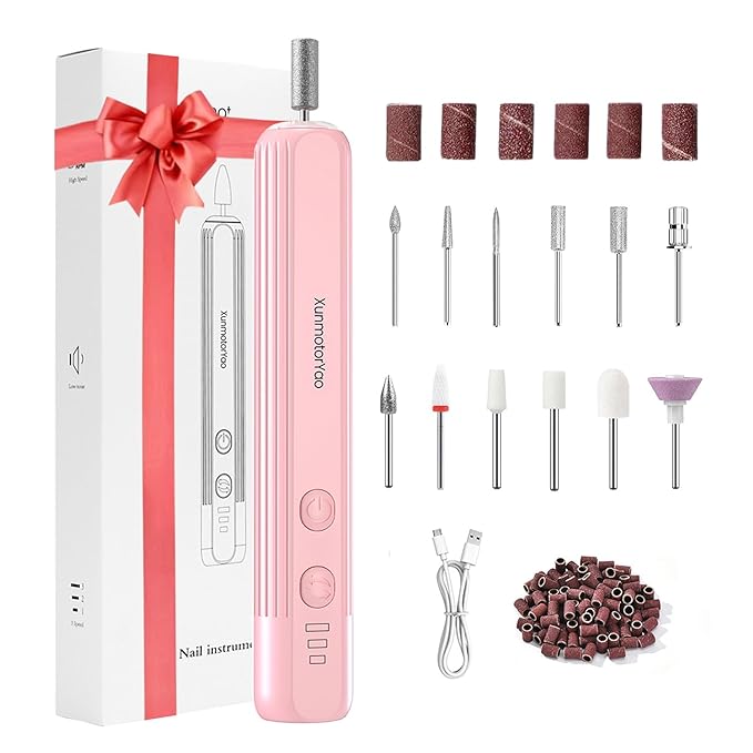 Electric Nail File Set,Professional 3 Speeds Cordless Electric Nail Drill Kit for Acrylic Gel Nails,12 in 1 Manicure and Pedicure Tools for Home Salon(Pink)