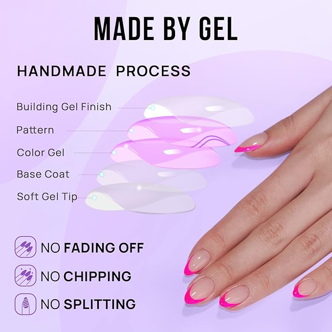 French Tip Press On Nails Almond - BTArtbox Hot Pink Short Stick On Nails for Women, Glue On Nails with Nail Glue in 16 Sizes - 32 Soft Gel Fake Nails Kit, Berry French