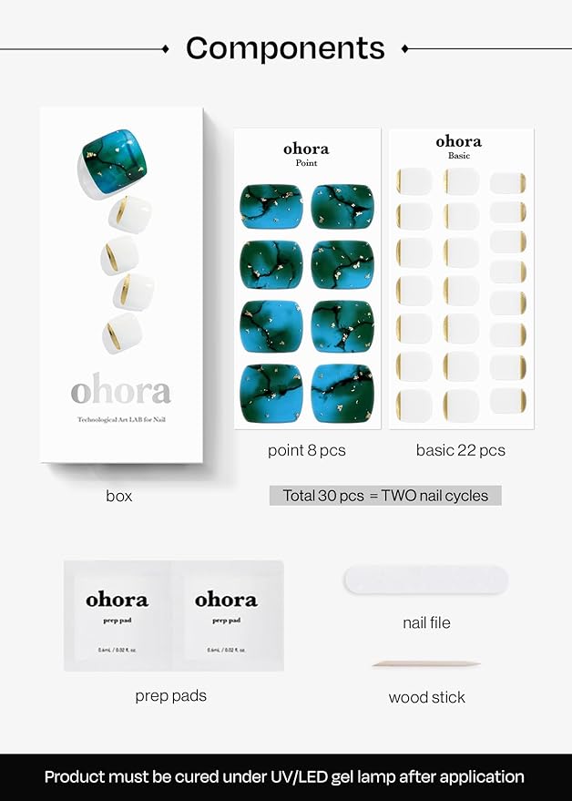 ohora Semi Cured Gel Pedi Strips (P Tide Pool) - Blue/White Works with Any UV/LED Lamps, Salon-Quality, Long Lasting, Easy to Apply & Remove - Includes 2 Prep Pads, Nail File & Wooden Stick