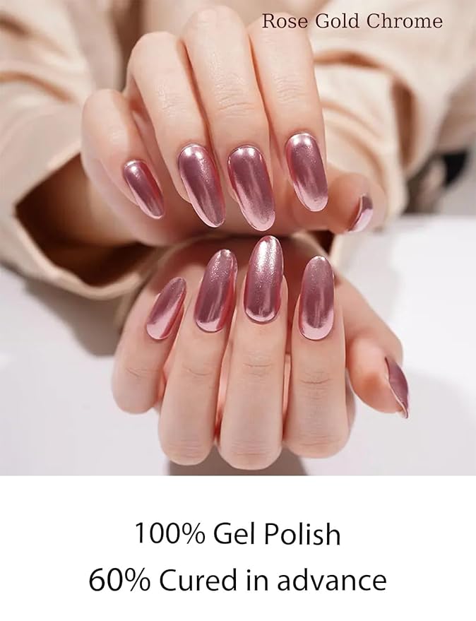 Semi Cured Gel Nail Strips, Rose Gold, Chrome Mirror 20pcs Gel Nails Sticker for Home Nails DIY