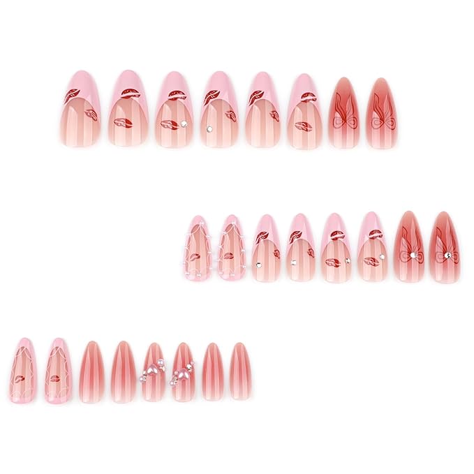 Medium Press on Nails Almond Fake Nails French False Nails Pink Artificial Nails with Pearl Designs Stick on Nails for Women 24pcs