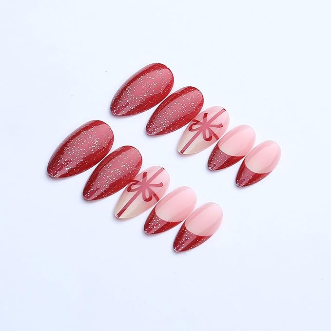 Christmas Press on Nails Medium Almond MABKJLF Fake Nails French Tip False Nails with Bow Glitter Designs Red Glossy Glue on Nail Full Cover Acrylic Nails for Women Girls 24Pcs
