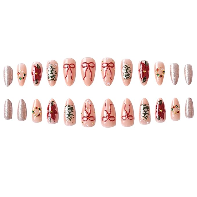 Christmas Press on Nails Medium Almond MABKJLF Fake Nails 3D False Nails with Flower Bow Tree Pearls Gold Ball Glitter Designs Glossy Glue on Nail Winter Acrylic Nails for Women Girls 24Pcs