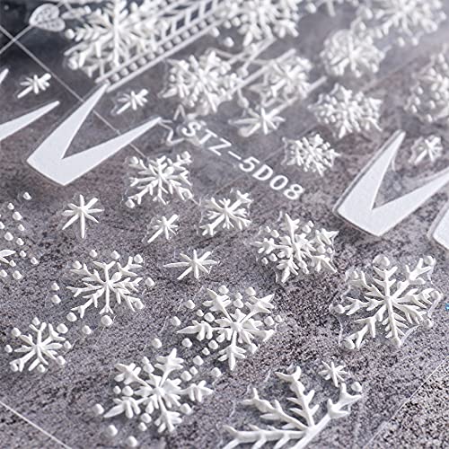 CHARMARK Snowflake Nail Art Stickers, 4 Sheets (White, Snowflake Pattern, Matte Finish, 5D Embossed, Romantic & Classic Style, Plastic Material, Indoor Use, Winter Theme)