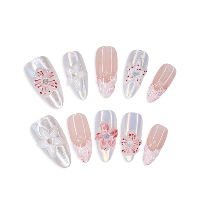 Handmade Press on Nails Luxury 3D Flower False Nails Designs Thickened Salon Quality Acrylic Nails Full Cover French Tip Fake Nails Medium Almond Stick on Nail for Women DIY Manicuare（Size M)