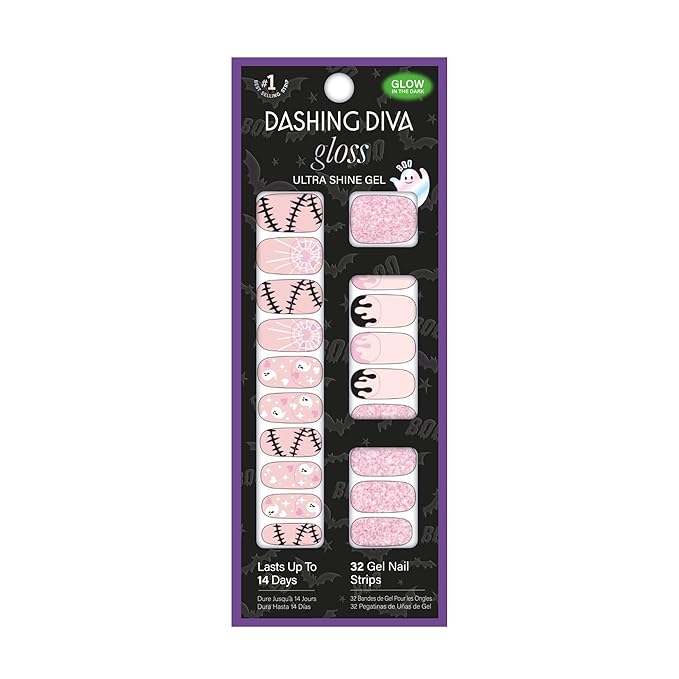 Dashing Diva Gloss Nail Strips - Kinda Cute, Kinda Scary - UV Free, Chip Resistant, Long Lasting Gel Stickers - 3-Piece Glow-in-The-Dark Manicure Set - Contains 32 Wraps, 1 Prep Pad, 1 File