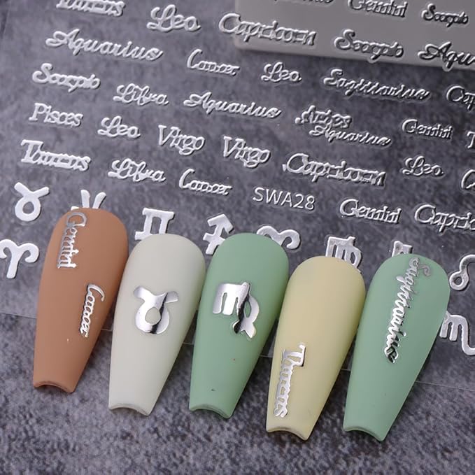 Twelve Constellation Nail Art Zodiac Letter Nail Design Stickers - Gold, Silver, Pink - 3D Self-Adhesive Zodiac Nail Decals for Women & Acrylic Nail Tips - 6 Sheets