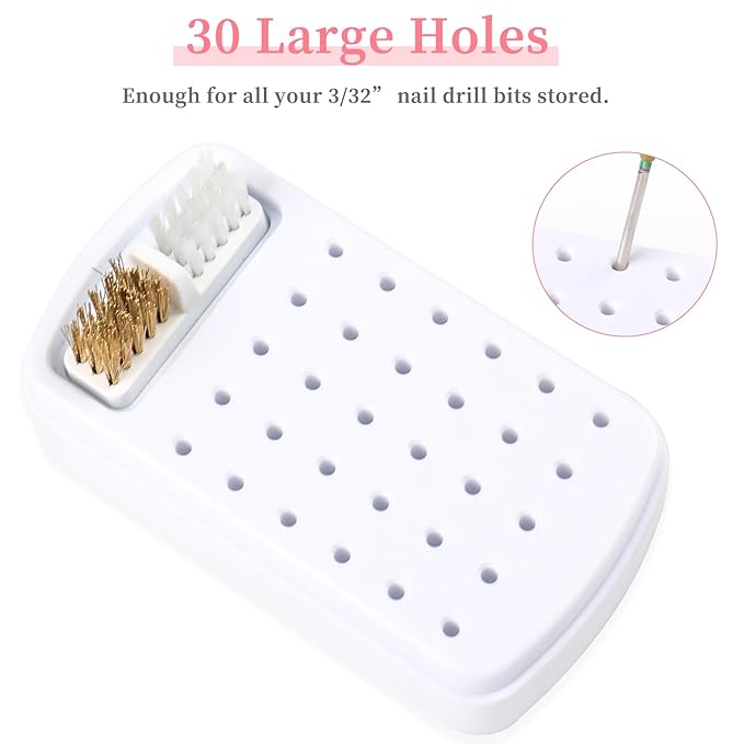 2 in 1 Nail Drill Bits Holder & Cleaner, 30 Holes, Dustproof Storage Box, Includes 3 Cleaning Brushes, White, Acrylic Plastic, Cosmetic Nail Set, Kit