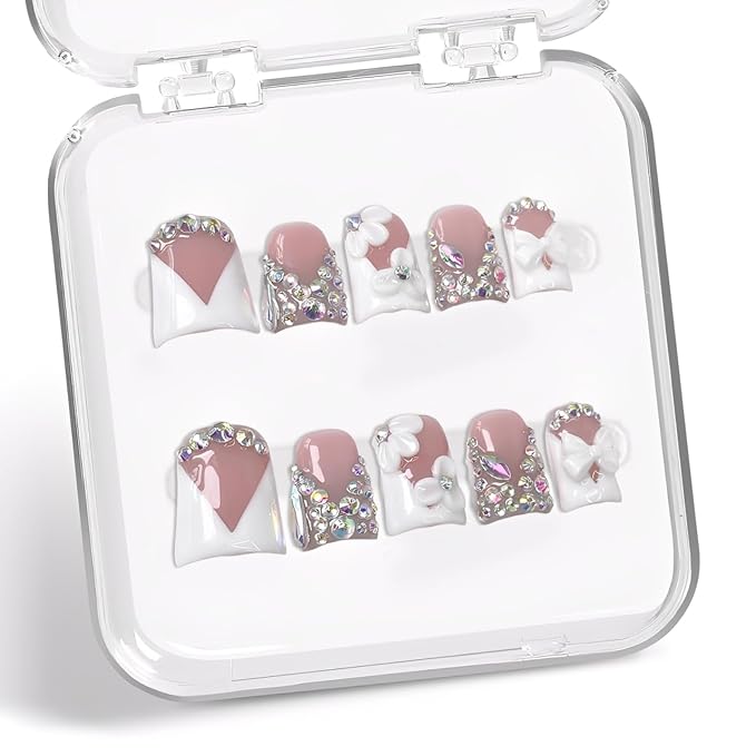 Handmade Press on Nails Rhinestone French Tip Fake Nails Muti-Layer Gel Short Duck False Nail with Luxury 3D White Flower Bow Design Full Cover Thicked Acrylic Nail Stick on Nail for Women (M)