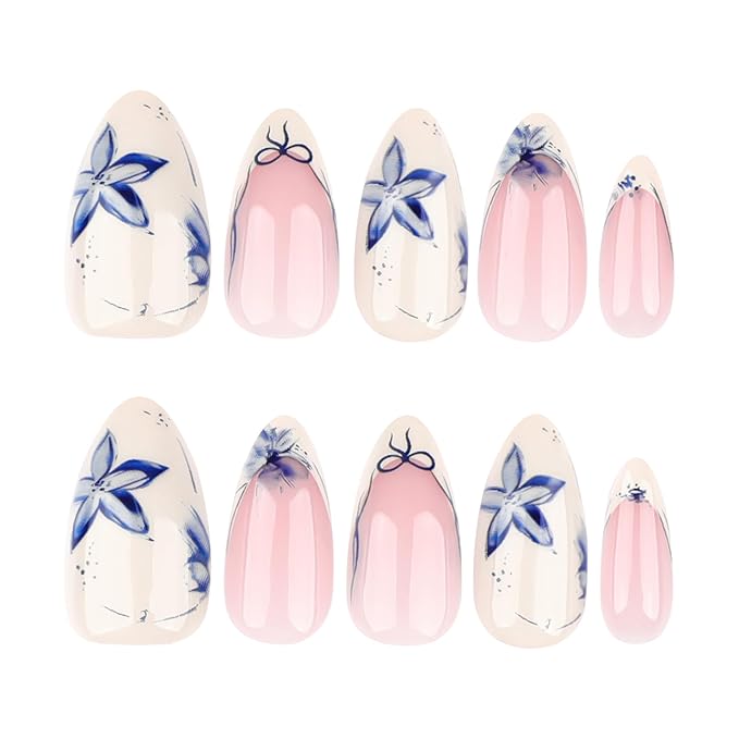 French Press On Nails Short Almond, Nude Base with Beige French Tips and Blue Floral Petal Design Glossy Gel Finish 24pcs Reusable Acrylic Fake Nails Kit for Women Natural Look Glue-On Nail Set