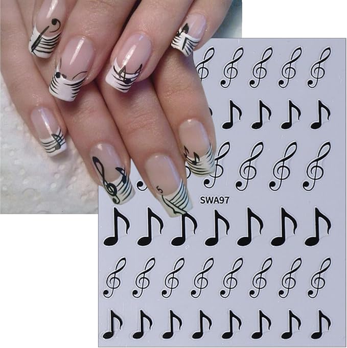 6Pcs Music Note Nail Art Stickers 3D Retro English Letters Nail Stickers Self Adhesive Gold Silver Black Old Alphabet Music Note Pattern Design Nails Decals English Manicure Decoration for Women Girls