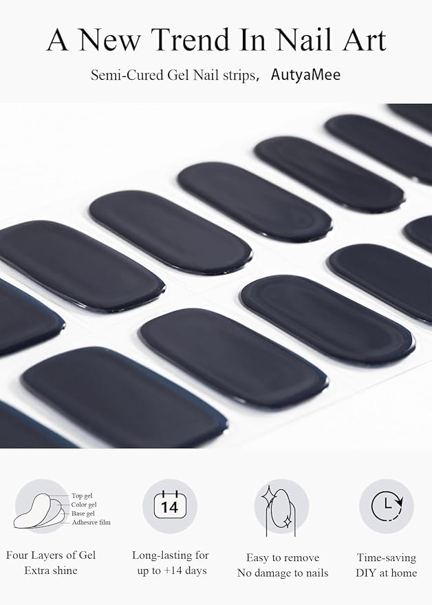 Semi Cured Gel Nail Strips (Dark Grey Blue), 20 Pcs Gel Nail Wraps, Stickers, UV Light Required, Salon Quality, Long Lasting