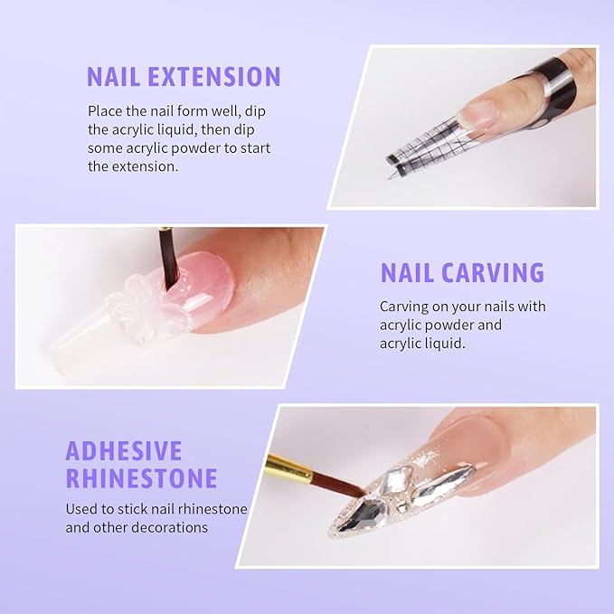 Acrylic Nail Kit 75ml Acrylic Liquid Monomer with 4 Colors Acrylic Powder and 5 Nail Brushes, Nail Extension Builder Set for Carving, French Tips, DIY Salon Manicure for Beginners