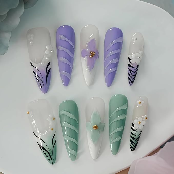 Floral Press on Nails Long Almond - French Tip Design with 3D Hibiscus Flowers Pearl Purple Green Ombre Leopard Print, Nails Arts and Crafts for Women (Flower Fairy, M)
