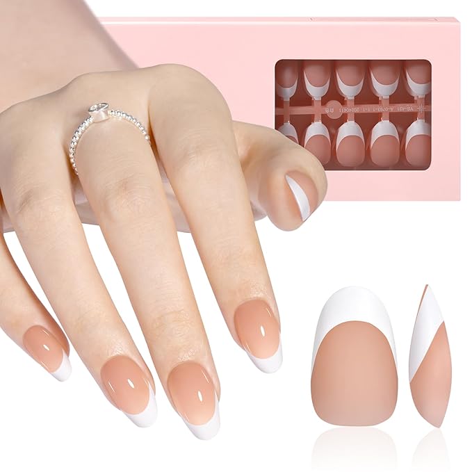 AILLSA French Gel Nail Tips, 180 Pcs French Tip Press on Nails Short Almond Brown, Pre-Applied Primer & Base Coat, No Need File, Soft Nail Tips, Fake Nails for Nail Art DIY 15 Sizes