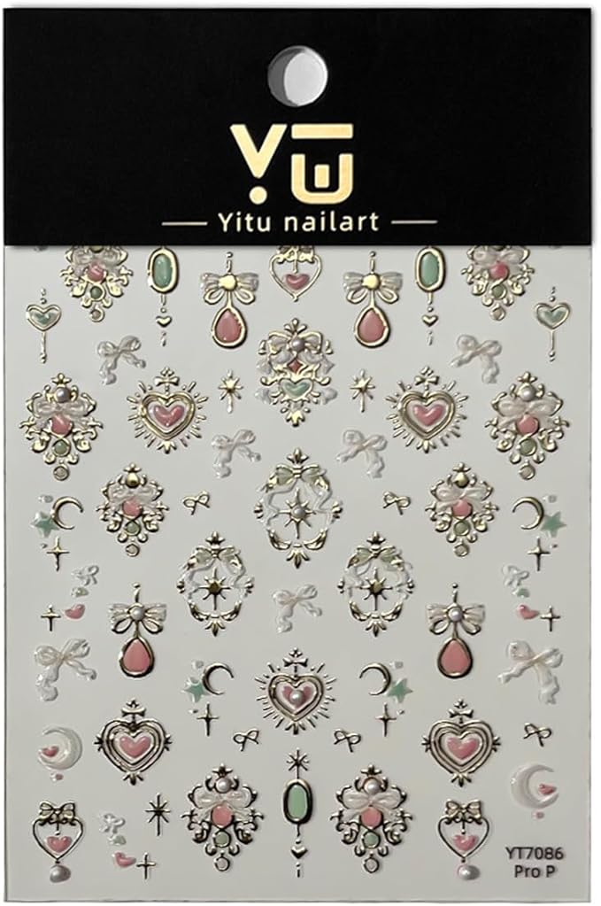5D Embossed Gemstone Nail Stickers Self-Adhesive Valentines Nail Art Stickers Gold Heart Bow Moon Gems Designs Shiny Luxury Nails Art Supplies Cute Nail Decals for Women Manicure Decorations DIY