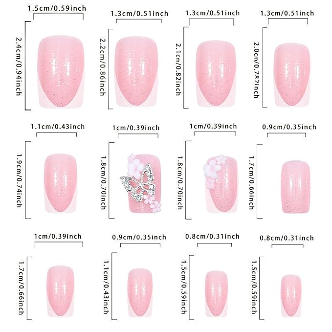 Square Press on Nails Medium Fake Nails with Designs 3D Flower Stick on Nail Butterfly Rhinestone Acrylic False Nail French Glossy Artificial Nail Full Cover Glue on Nails for Women