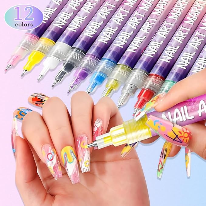 12 Colors Nail Art Pens Set, 2026 Upgraded Nail Art Markers, Fine Tip Nail Art Pen 0.5mm, Portable Nail Art Tools for Dotting Drawing Painting Liner DIY (12pcs)