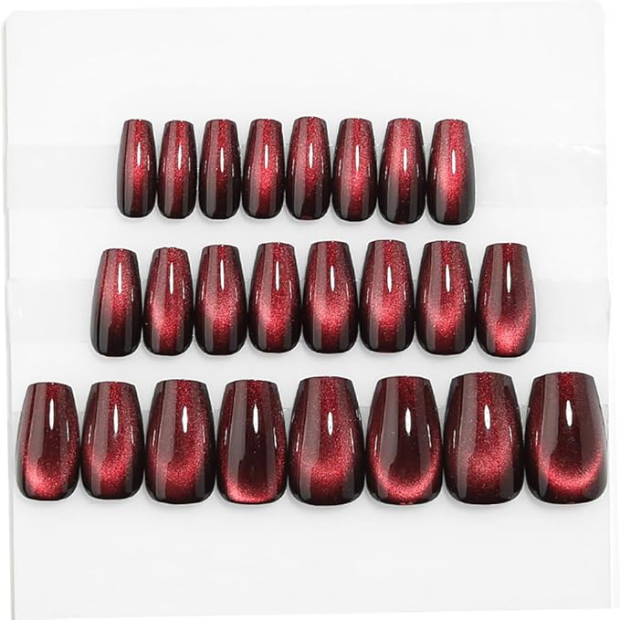 Medium Coffin Press on Nails, Wine Red Cat Eye Press on Nails, Fashion Gel Fake Nails, Reusable Acrylic Fake Nails, Glossy Stick on Nails for Women Gift, Glue on Nails Kit 24 Pcs, Midnight Blaze