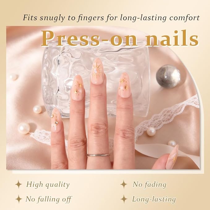 3D Nude Press on Nails Medium Almond with Bohemian Design, Nude Nail + Gold Star Glossy Stick on Nails for Women with Kit, Reusable Soft Gel Stick on Fake Nail with 3D Gold Stars Designs Perfectly Fit