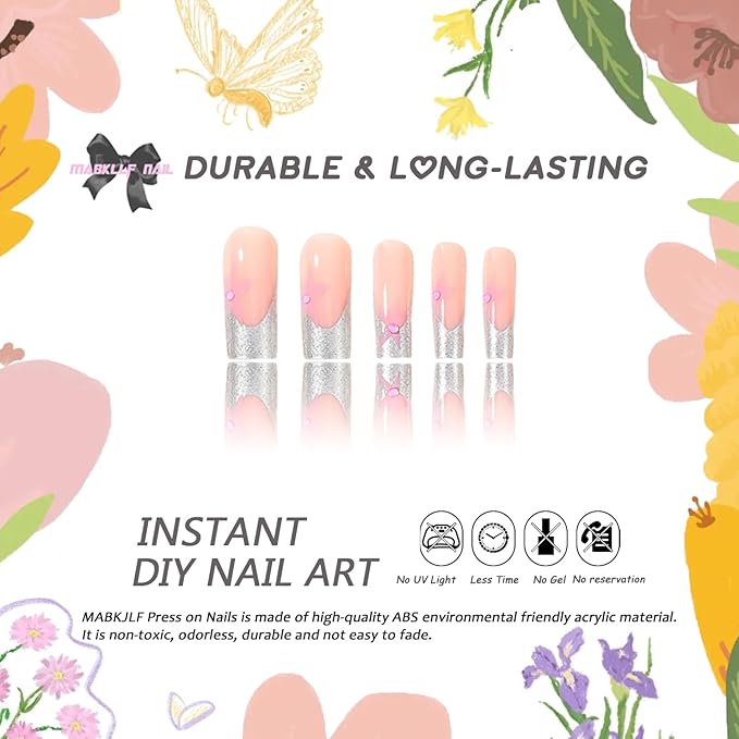 Y2K Press On Sliver French Tip Pink Full Cover Star False Nails with Designs Pearl Glitter Glossy Glue On Acrylic Manicure Artificial Nails for Women Girls