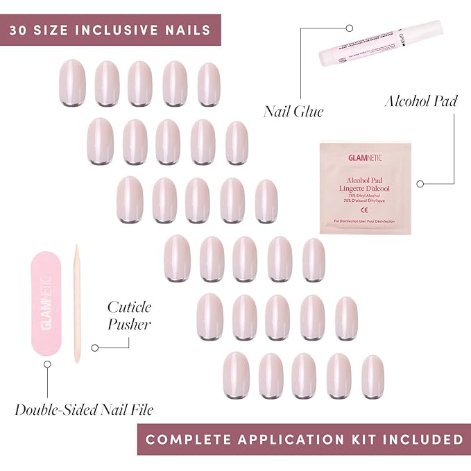 Glamnetic Press On Nails - Silver Belle | Short Round Natural Base Nails with 3D Silver Foil in a Glossy Finish | 12 Sizes - 30 Nail Kit with Glue