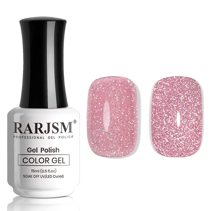 RARJSM Reflective Glitter Gel Nail Polish Nude Jelly Purple Pink Sheer Gel Polish Flash Diamond Sparkle Rainbow Silver Shimmer Soak off Curing Requires 15ml Single Bottle for Home Salon Manicure