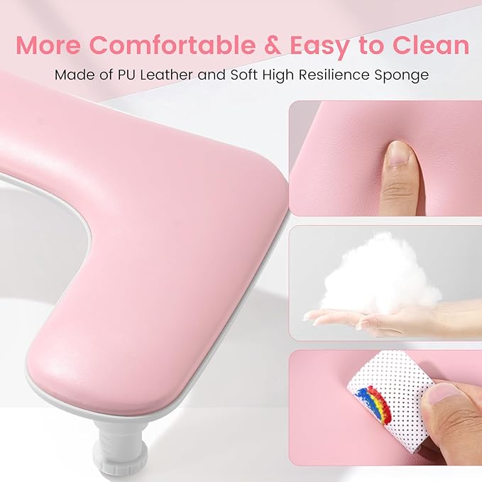 Big Arm Rest for Nails Tech: 2nd Generation U-Shaped Manicure Nail Arm Rest Stand Height Adjustable Armrest Microfiber PU Leather Hand Rest Pillow for Acrylic Nails (Pink)