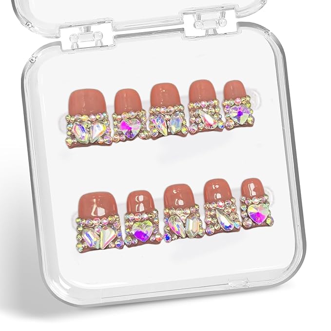 Luxury 3D Crystal Handmade Press on Nails Short Duck False Nails with Colorful Rhinestones Designs Salon DIY Thick Manicure Reusable French Tip Glossy Pink Fake Acrylic Nail Art for Women（M)
