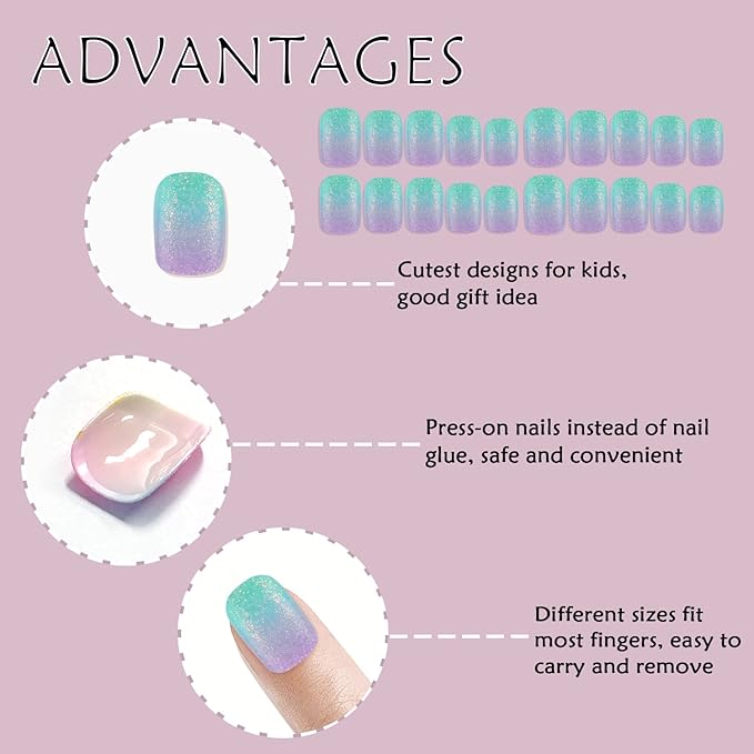 Laza 64pcs Children Nails Press On Pre-glue Full Cover Rainbow Gradient Silver Glitter Diamond Short False Nail Kits for Kids Teenager Girls - Colorful Stars