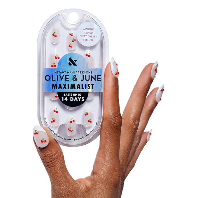 Olive & June Maximalist Instant Mani Press-On Nails (Glue) | 42 Fake Nails, 21 Sizes | Non-Toxic, Long-Lasting Big, Bold Gorgeous | Salon-Quality at Home | Medium, Almond | Puffy Cherry Sharp French